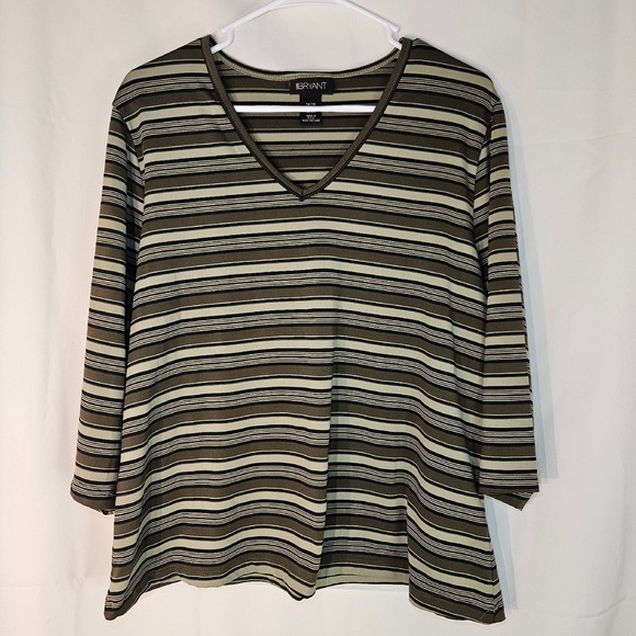 Lane Bryant Striped V-Neck Long Sleeve Top Career‎ Casual Olive Black 14/16 - Picture 1 of 6
